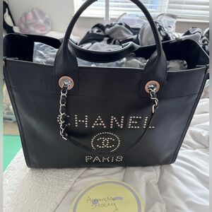 Chanel Black Leather Tote with Silver Chain Handles